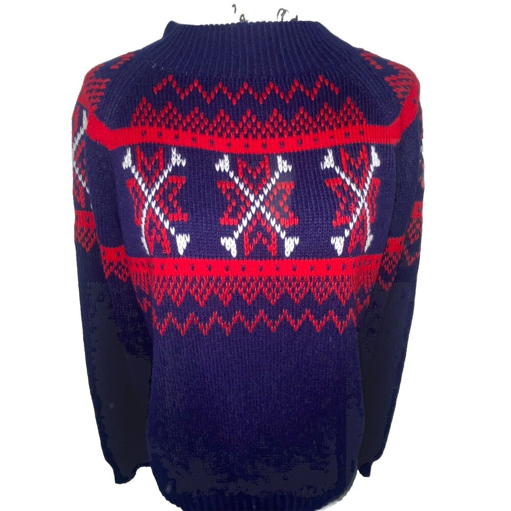 Vintage 70s 80s Fair Isle Sweater Dark Blue Red White Design Chunky Unisex Sz M